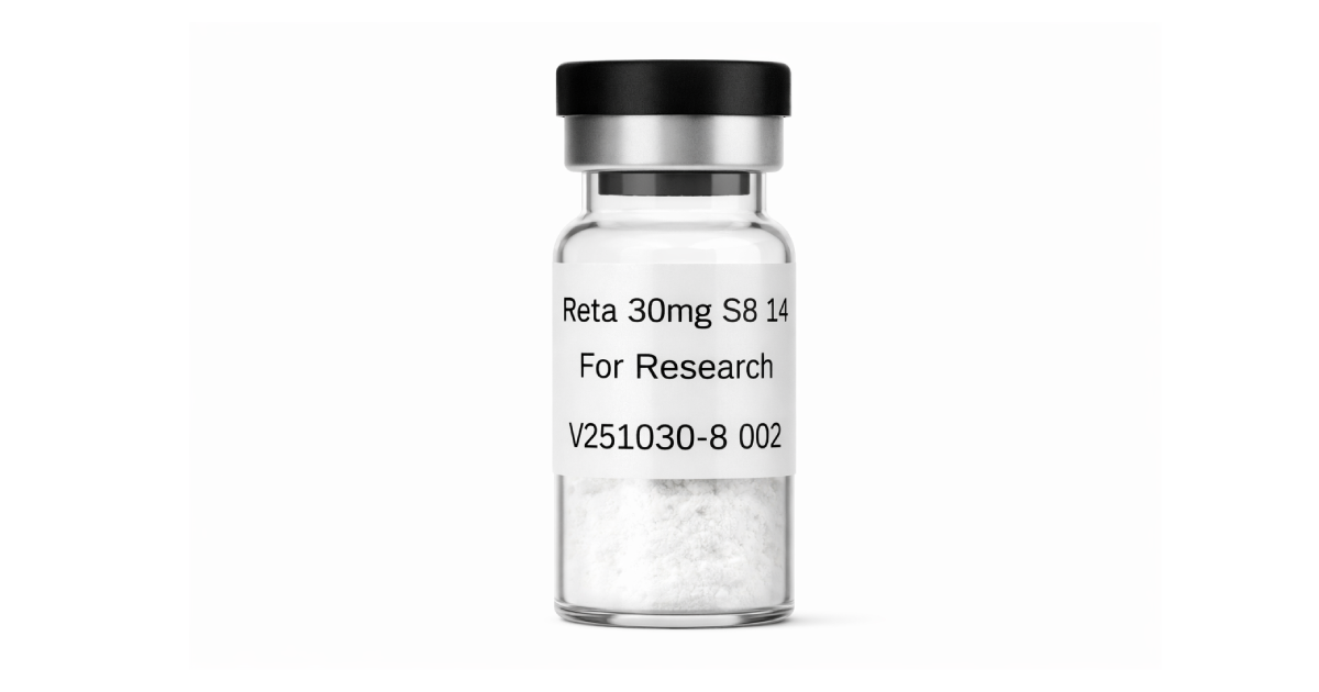 Clear glass research vial with white powder, labeled for research use only.